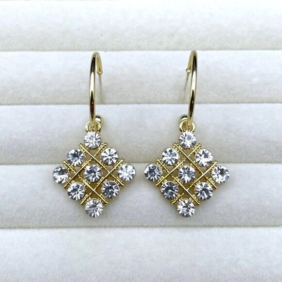 Yellow Gold with White Diamond Crystal Rhombus Dangling Hoop Post Back Earrings - Picture 3 of 9